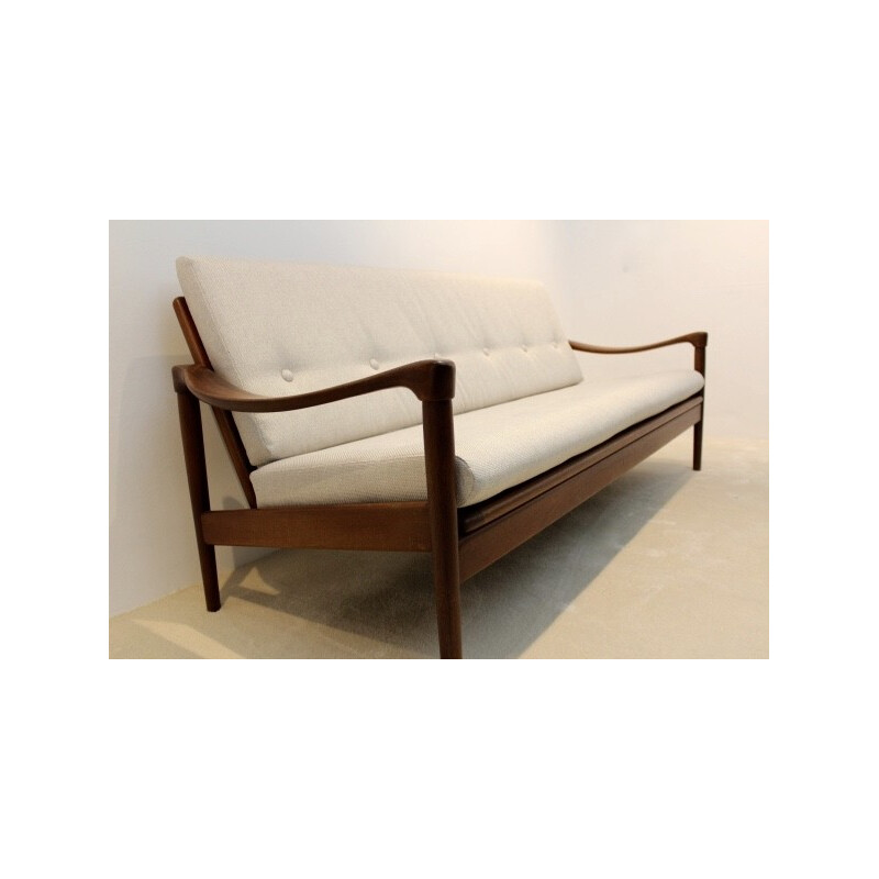 3-Sitzer-Sofa aus Teakholz und beigem Stoff - 1960