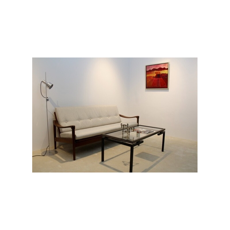 Sofá de 3 plazas de teca y tela beige - 1960