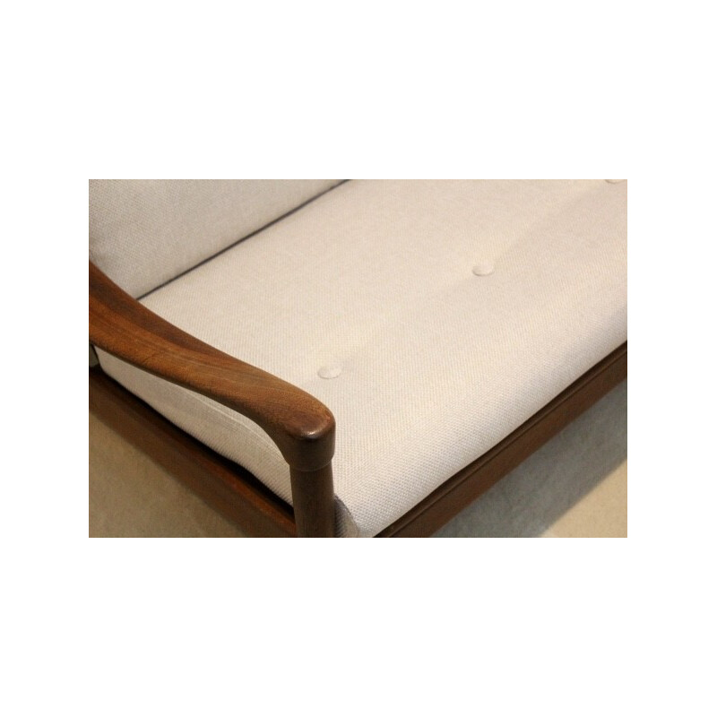 Canapé 3 places en teck et tissu beige - 1960