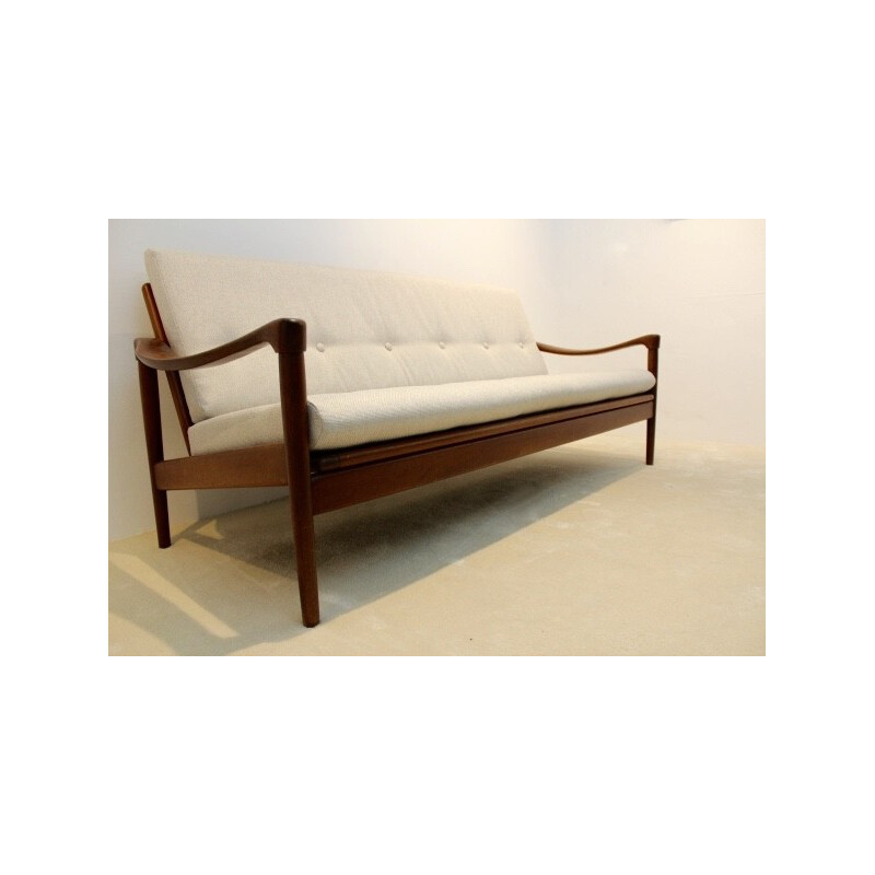 3 seat sofa in teak and beige fabric, Gelderland edition - 1960s