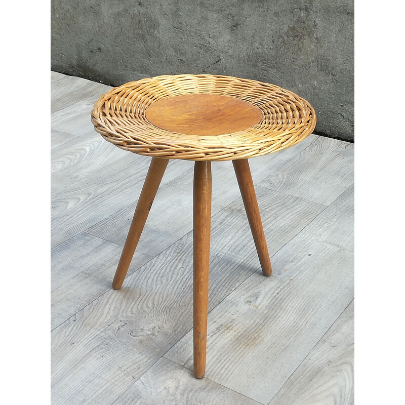 Table d’appoint vintage en bois et osier 1960