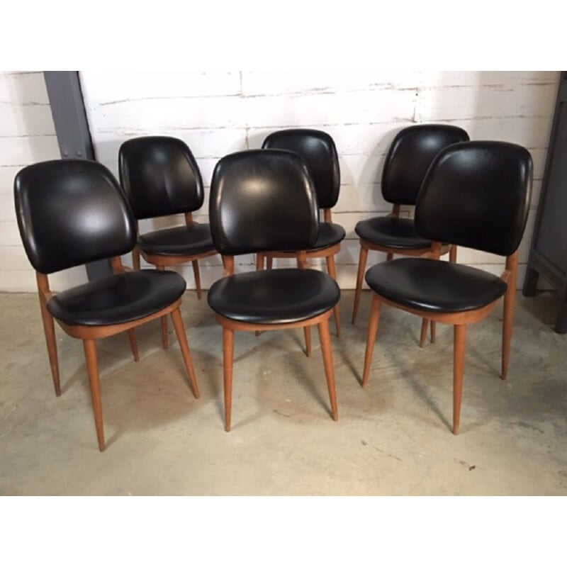 Set of 6 vintage Pegase chairs for Baumann in beech and black leatherette 1960