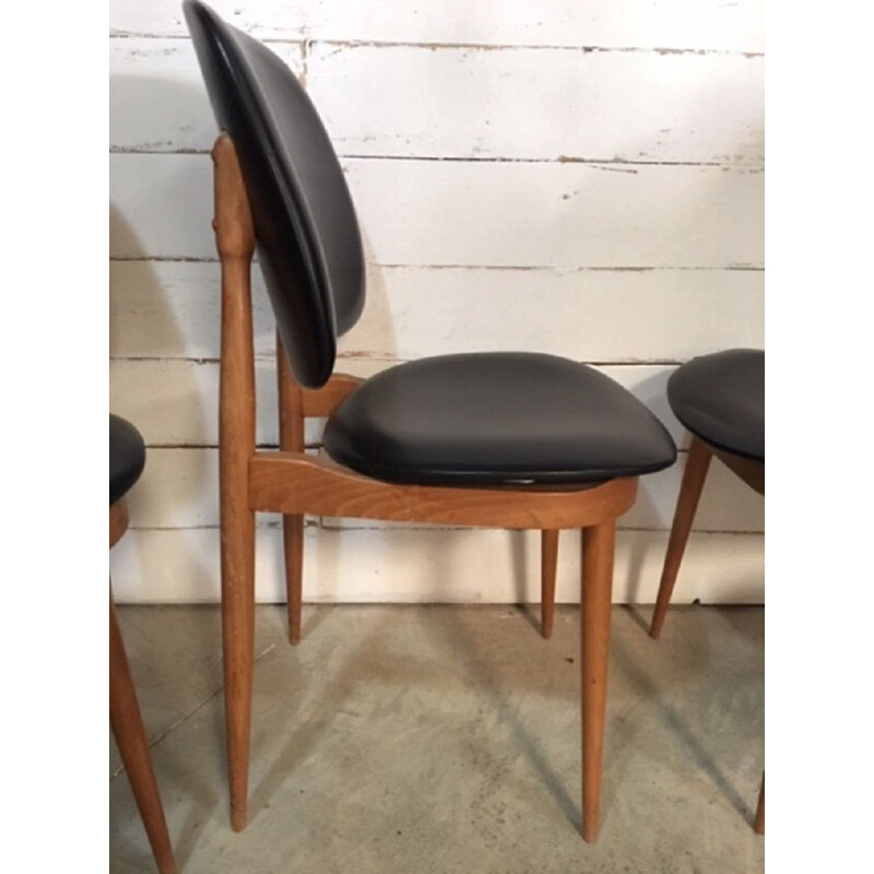 Set of 6 vintage Pegase chairs for Baumann in beech and black leatherette 1960