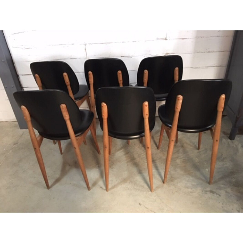 Ensemble de 6 chaises vintage Pegase pour Baumann en hêtre et skaï noir 1960