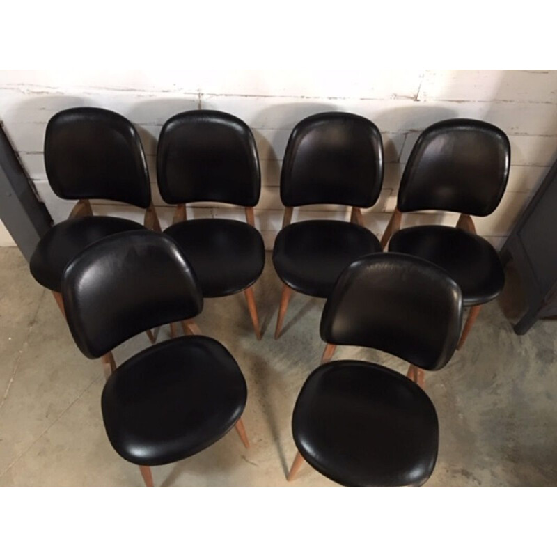 Ensemble de 6 chaises vintage Pegase pour Baumann en hêtre et skaï noir 1960