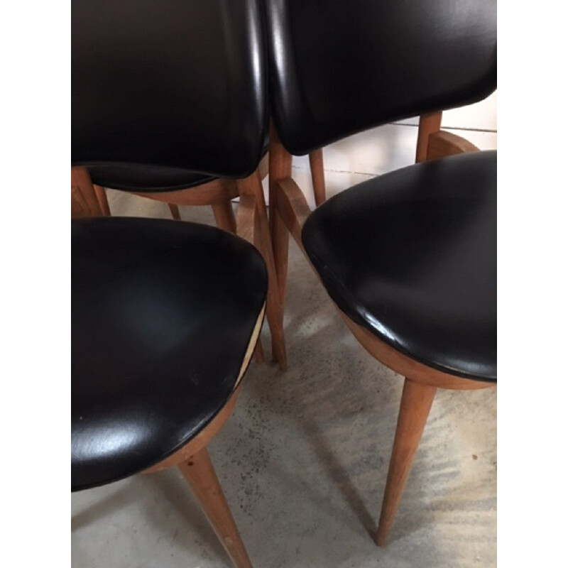 Ensemble de 6 chaises vintage Pegase pour Baumann en hêtre et skaï noir 1960