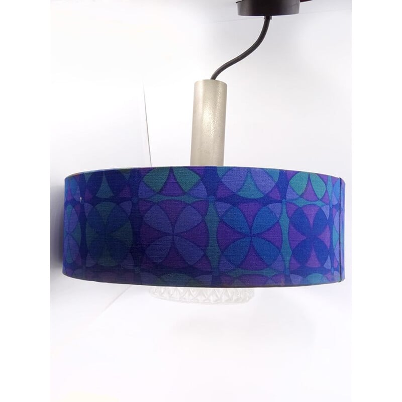 French vintage hanging lamp in blue fabric and glass 1970