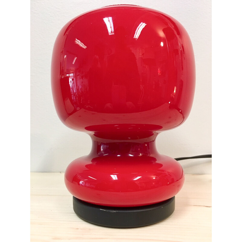 French vintage red lamp in opaline glass and steel 1980