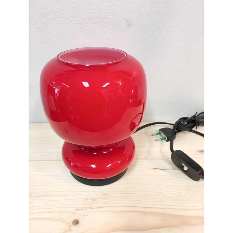 French vintage red lamp in opaline glass and steel 1980