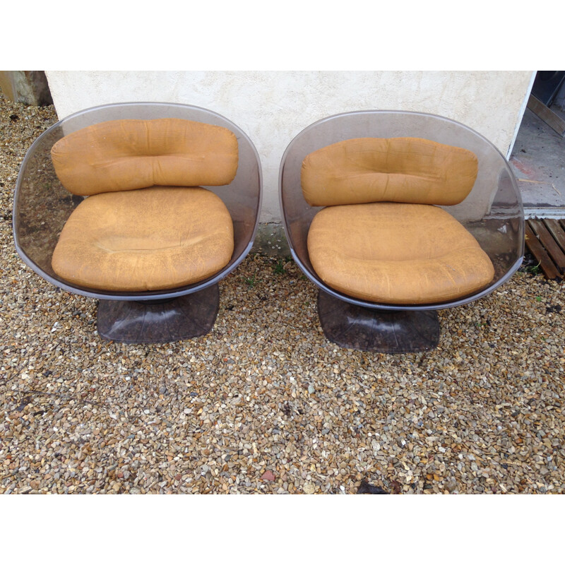 Pair of armchairs in plexiglass and leather, RAPHAEL - 1970s