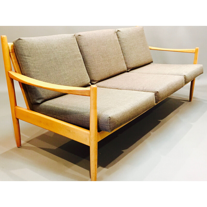 Vintage scandinavian sofa in beech and brown fabric 1960