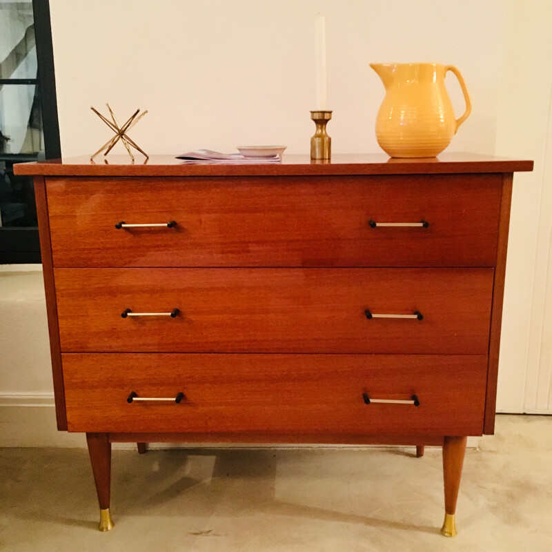 French vintage chest of drawers in wood and brass 1950