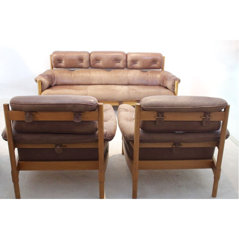 Vintage 3-seater Sofa in Brazilian Oak & Leather, 1970s