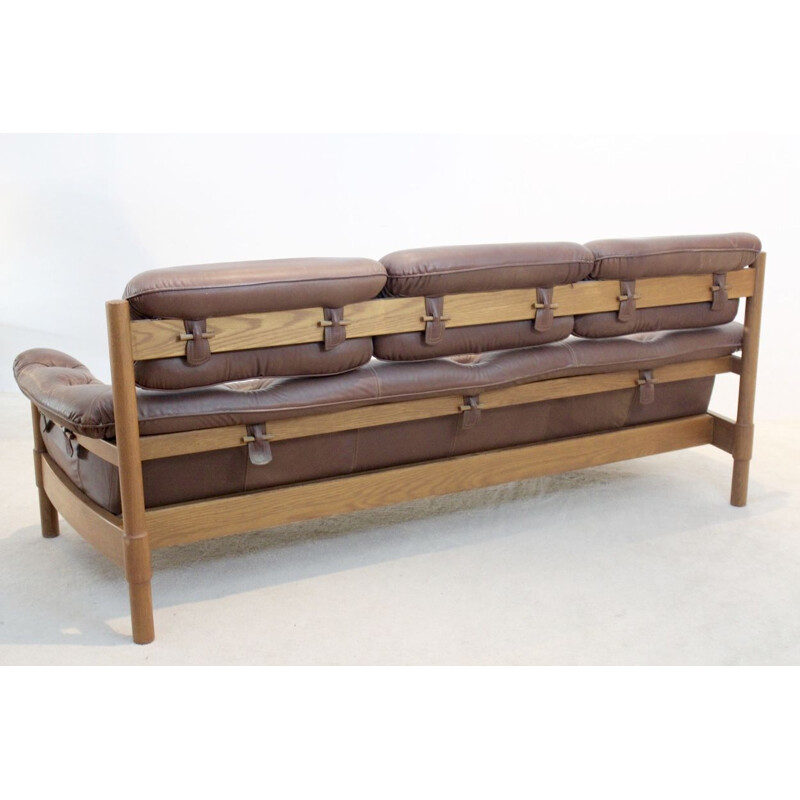 Vintage 3-seater Sofa in Brazilian Oak & Leather, 1970s