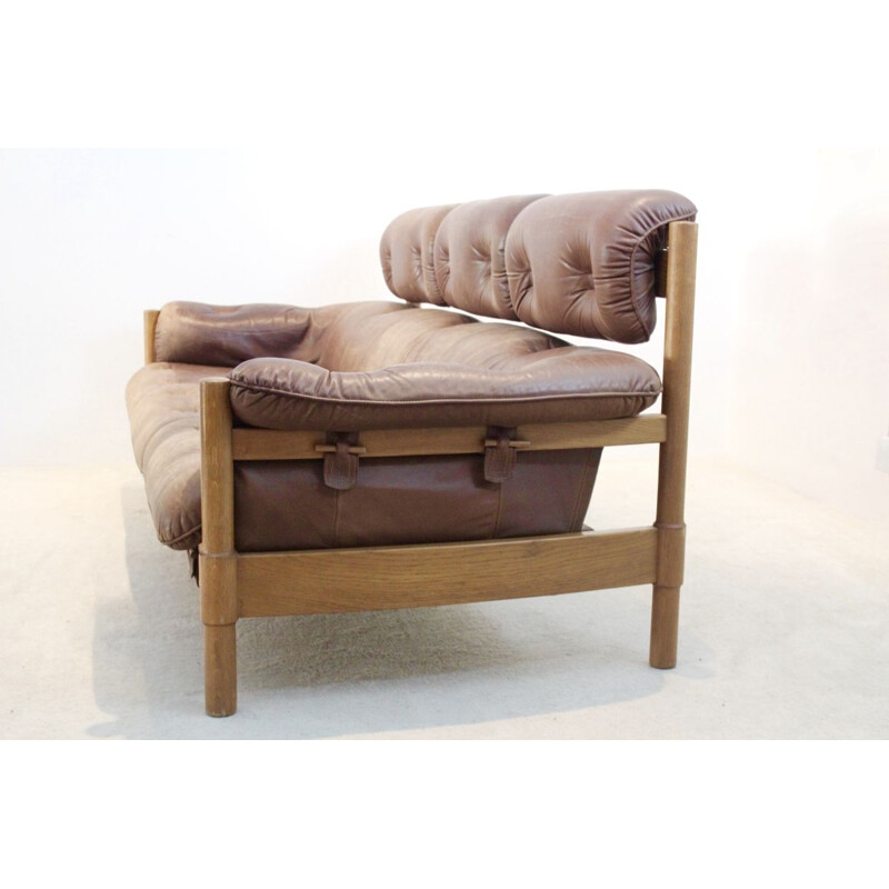 Vintage 3-seater Sofa in Brazilian Oak & Leather, 1970s