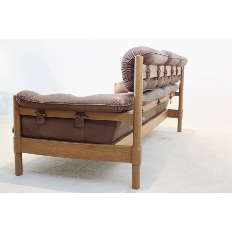 Vintage 3-seater Sofa in Brazilian Oak & Leather, 1970s