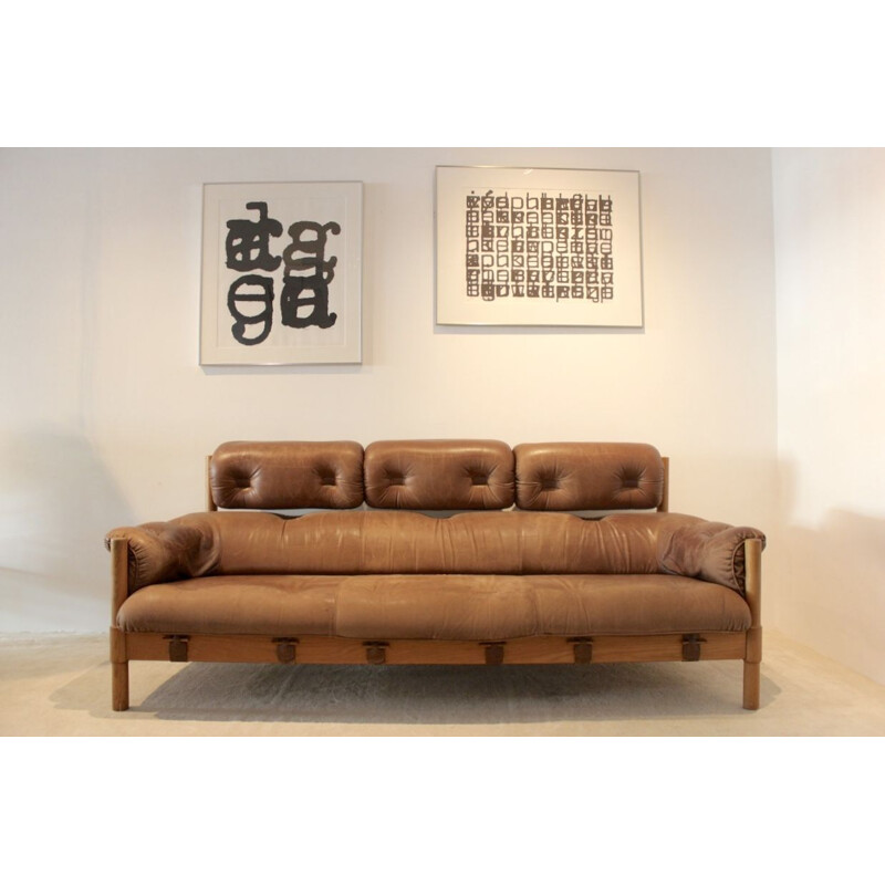 Vintage 3-seater Sofa in Brazilian Oak & Leather, 1970s