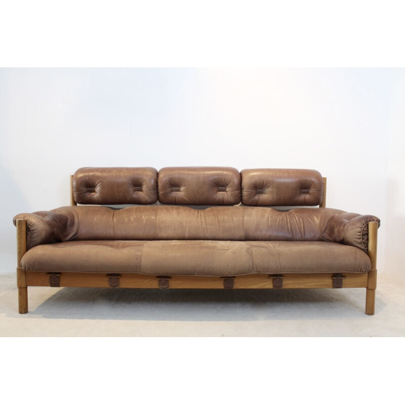 Vintage 3-seater Sofa in Brazilian Oak & Leather, 1970s