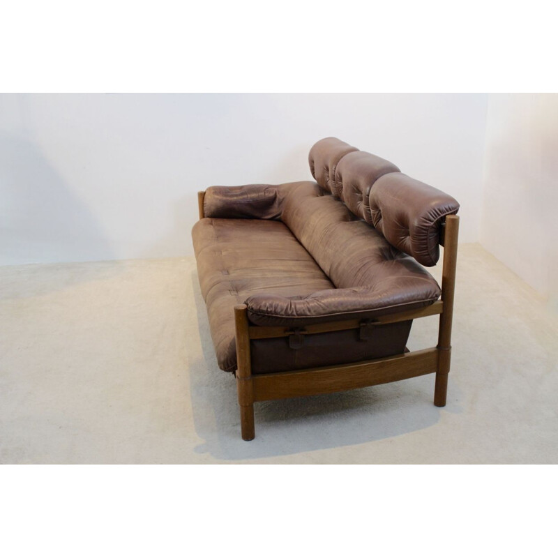 Vintage 3-seater Sofa in Brazilian Oak & Leather, 1970s