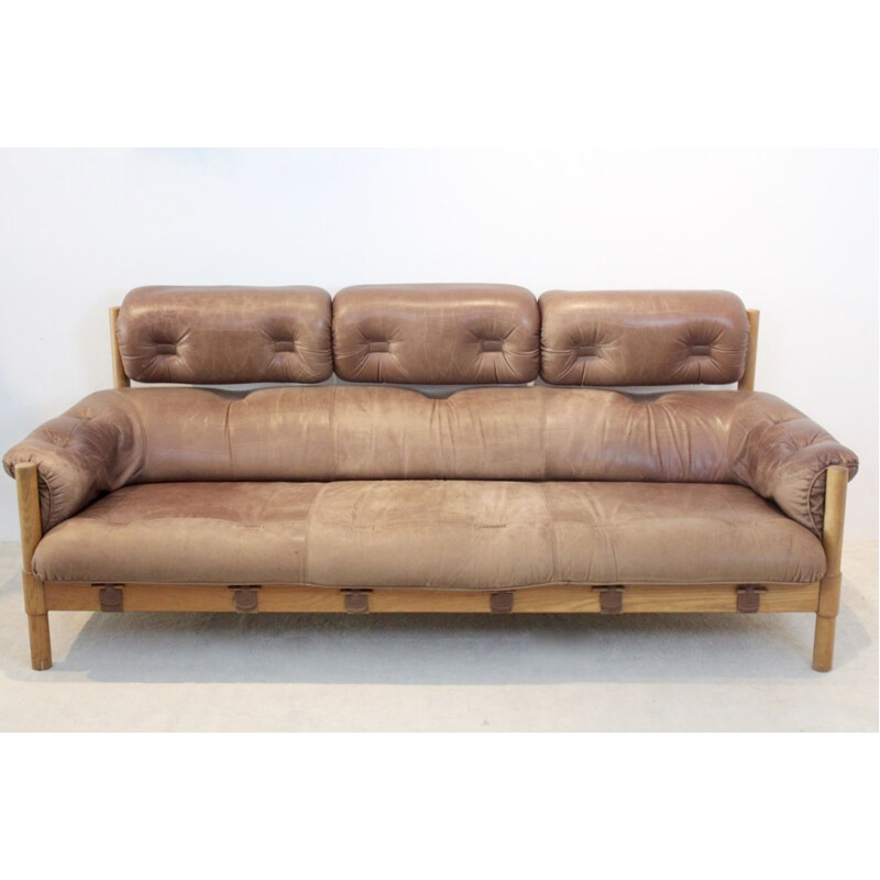 Vintage 3-seater Sofa in Brazilian Oak & Leather, 1970s