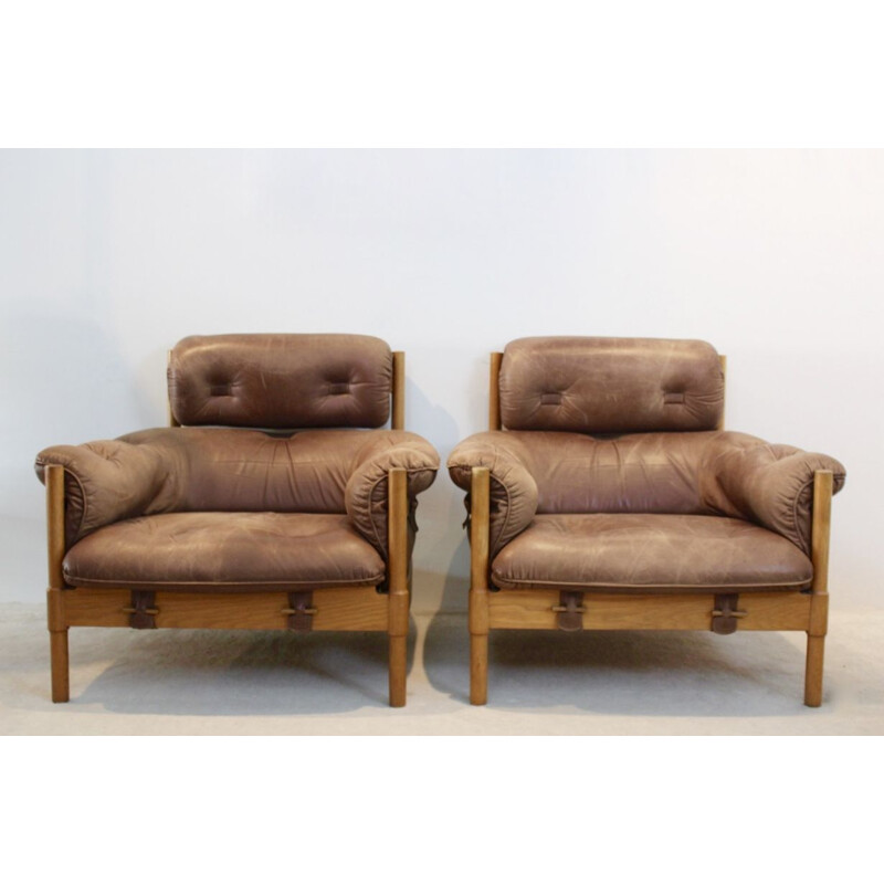 Paire de fauteuils vintage en chêne et cuir brésilien, années 1970