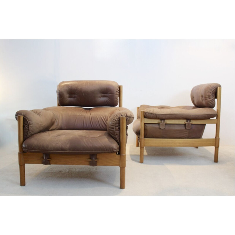 Pair of Vintage armchairs in  Brazilian Oak & Leather, 1970s