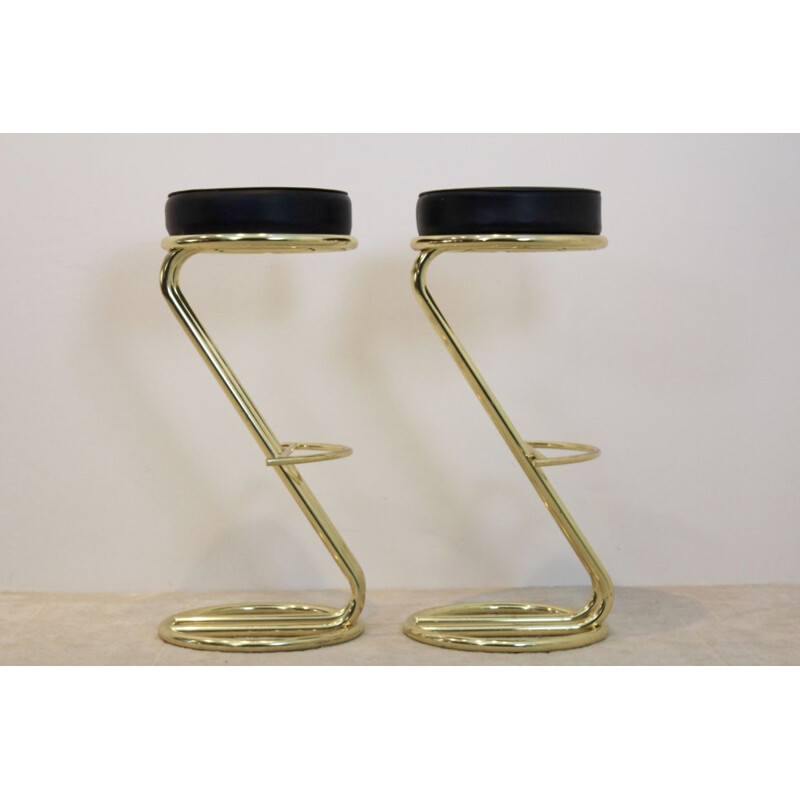 Pair of Vintage Brass Bar Stools with Black Leather seat, 80s