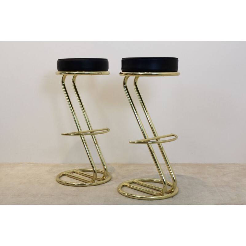 Pair of Vintage Brass Bar Stools with Black Leather seat, 80s