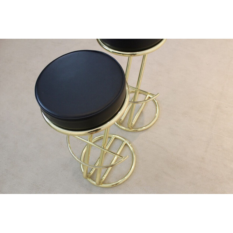 Pair of Vintage Brass Bar Stools with Black Leather seat, 80s