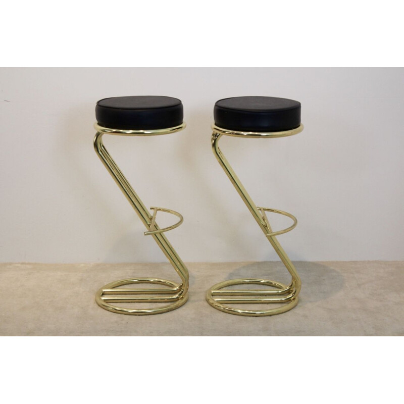 Pair of Vintage Brass Bar Stools with Black Leather seat, 80s