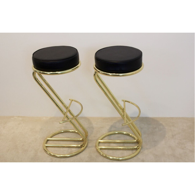 Pair of Vintage Brass Bar Stools with Black Leather seat, 80s