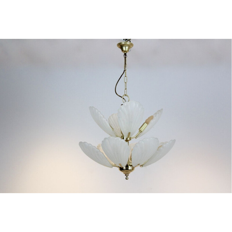 French Chandelier in Brass with Murano Glass Shells, 1970s