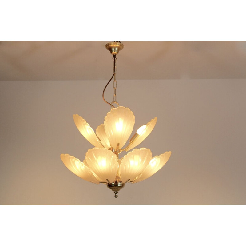 French Chandelier in Brass with Murano Glass Shells, 1970s