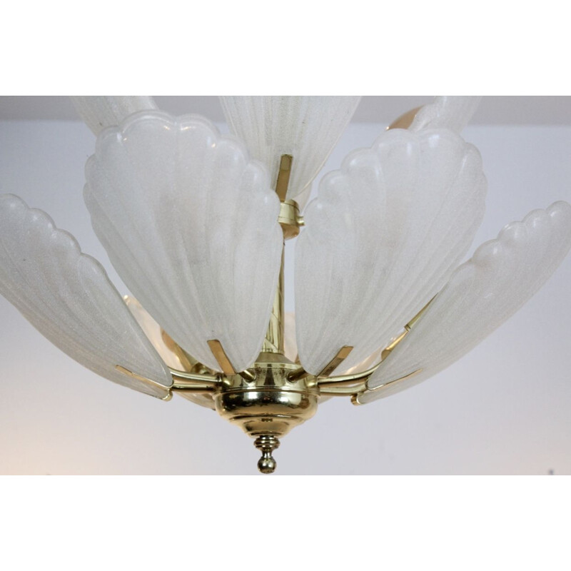 French Chandelier in Brass with Murano Glass Shells, 1970s