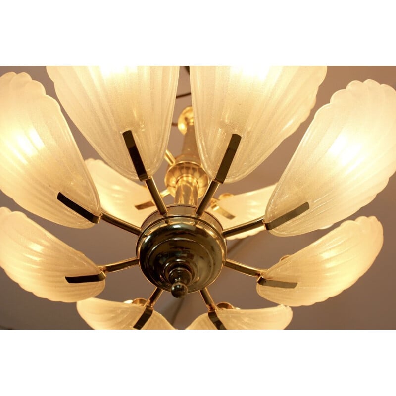 French Chandelier in Brass with Murano Glass Shells, 1970s