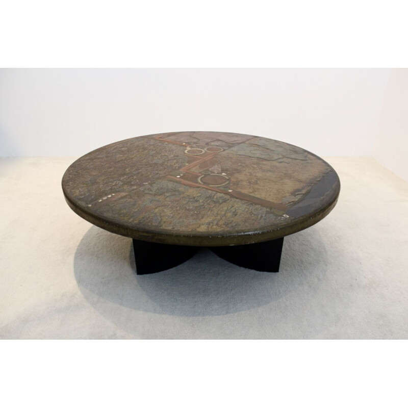 Brutalist coffee table by Paul Kingma in ceramics and Brass, Holland 1970s