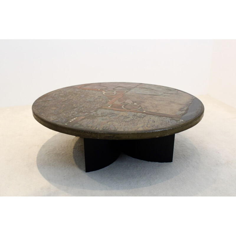 Brutalist coffee table by Paul Kingma in ceramics and Brass, Holland 1970s