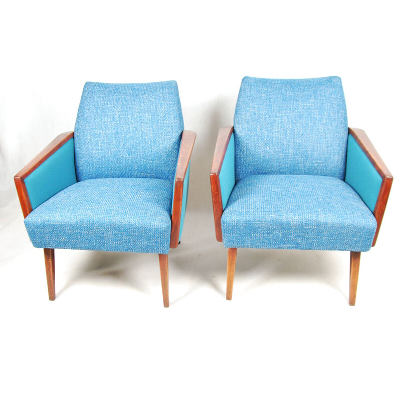 Pair of turquoise club seats reupholstered, Germany 60s