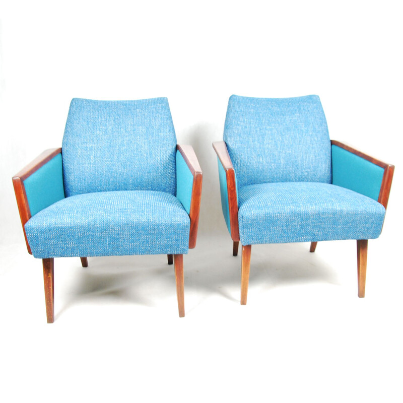Pair of turquoise club seats reupholstered, Germany 60s