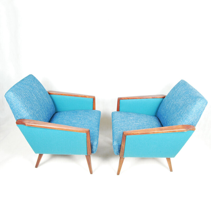 Pair of turquoise club seats reupholstered, Germany 60s