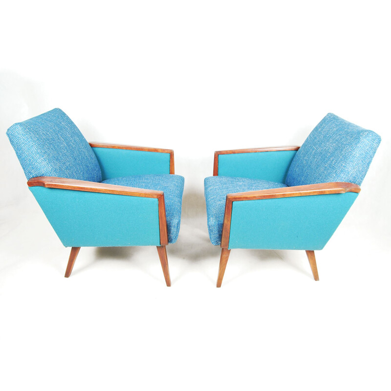 Pair of turquoise club seats reupholstered, Germany 60s