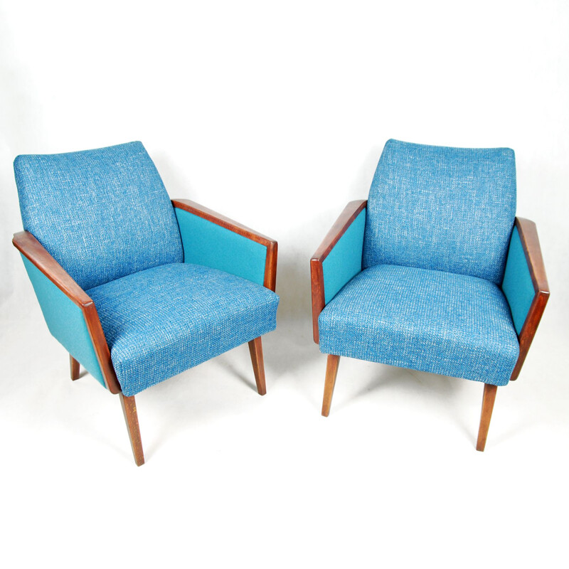 Pair of turquoise club seats reupholstered, Germany 60s