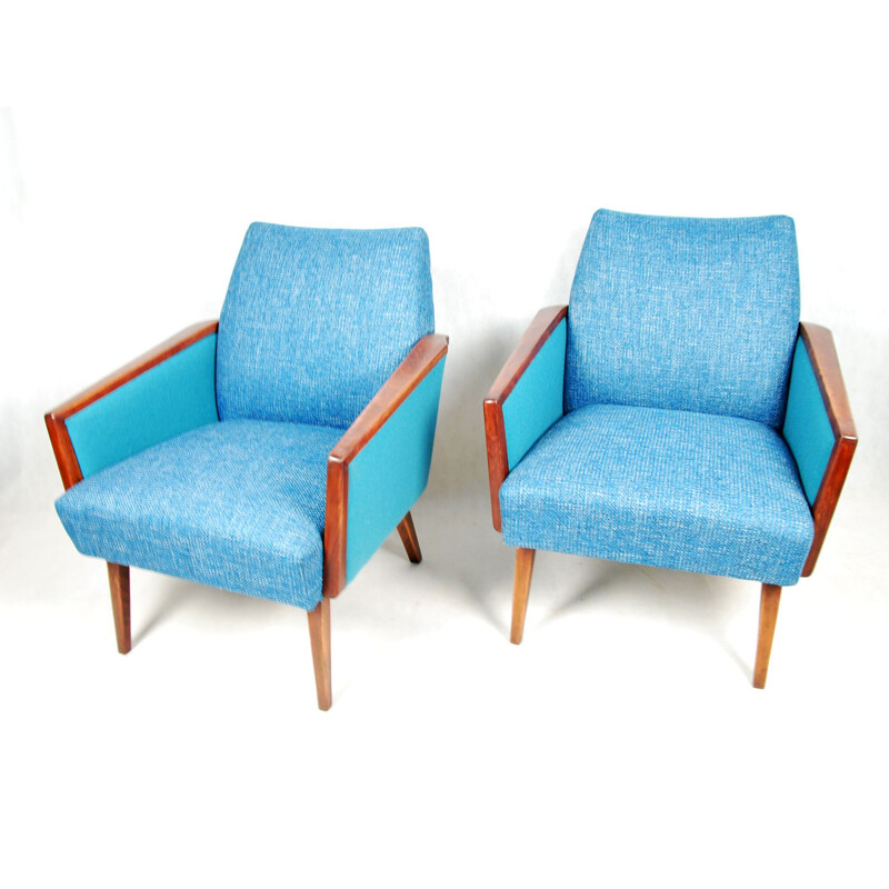 Pair of turquoise club seats reupholstered, Germany 60s