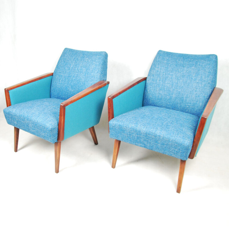 Pair of turquoise club seats reupholstered, Germany 60s