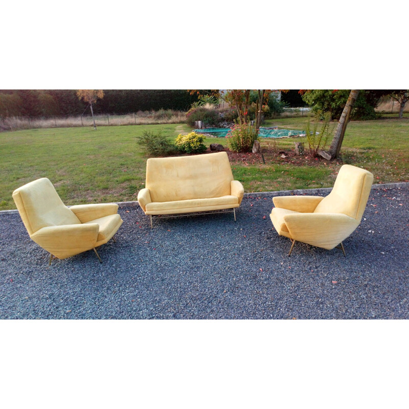 Vintage living room for Besnard & Cie in yellow velvet 1960