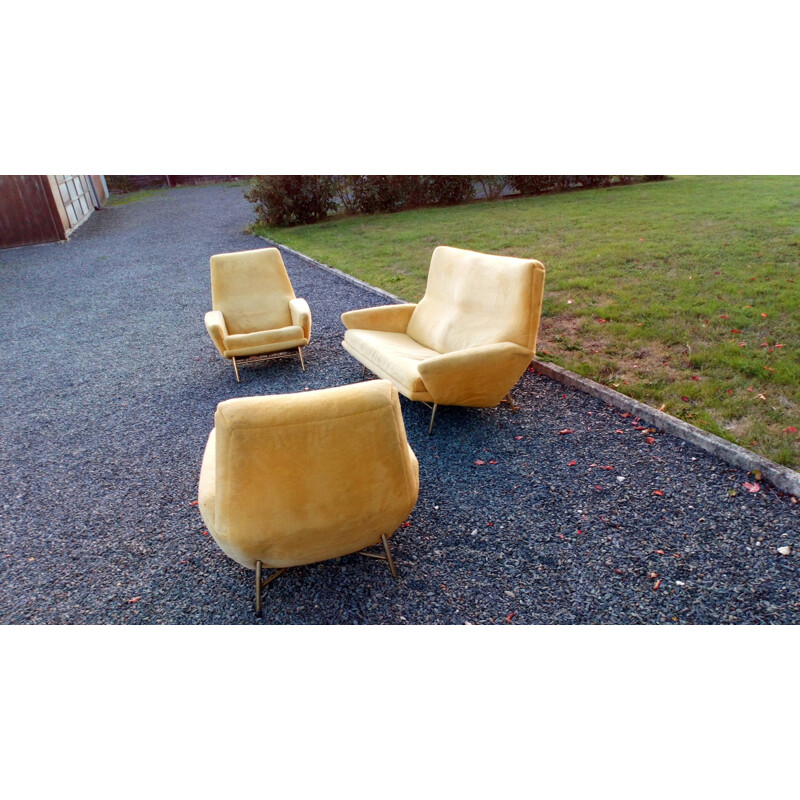 Vintage living room for Besnard & Cie in yellow velvet 1960