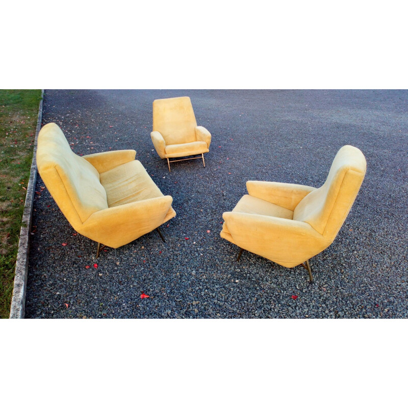 Vintage living room for Besnard & Cie in yellow velvet 1960