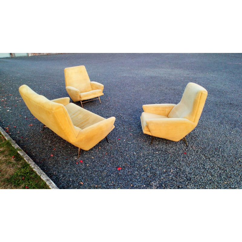 Vintage living room for Besnard & Cie in yellow velvet 1960