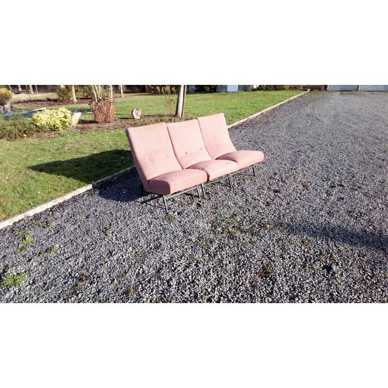 Set of 3 vintage low chairs without arm for Delor in pink fabric 1950