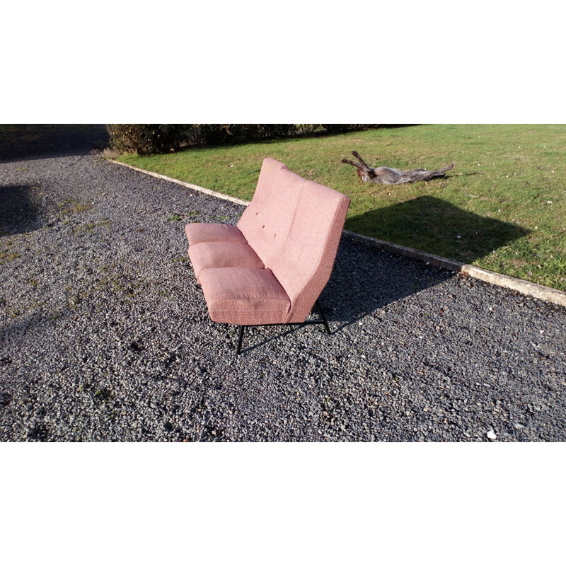 Set of 3 vintage low chairs without arm for Delor in pink fabric 1950